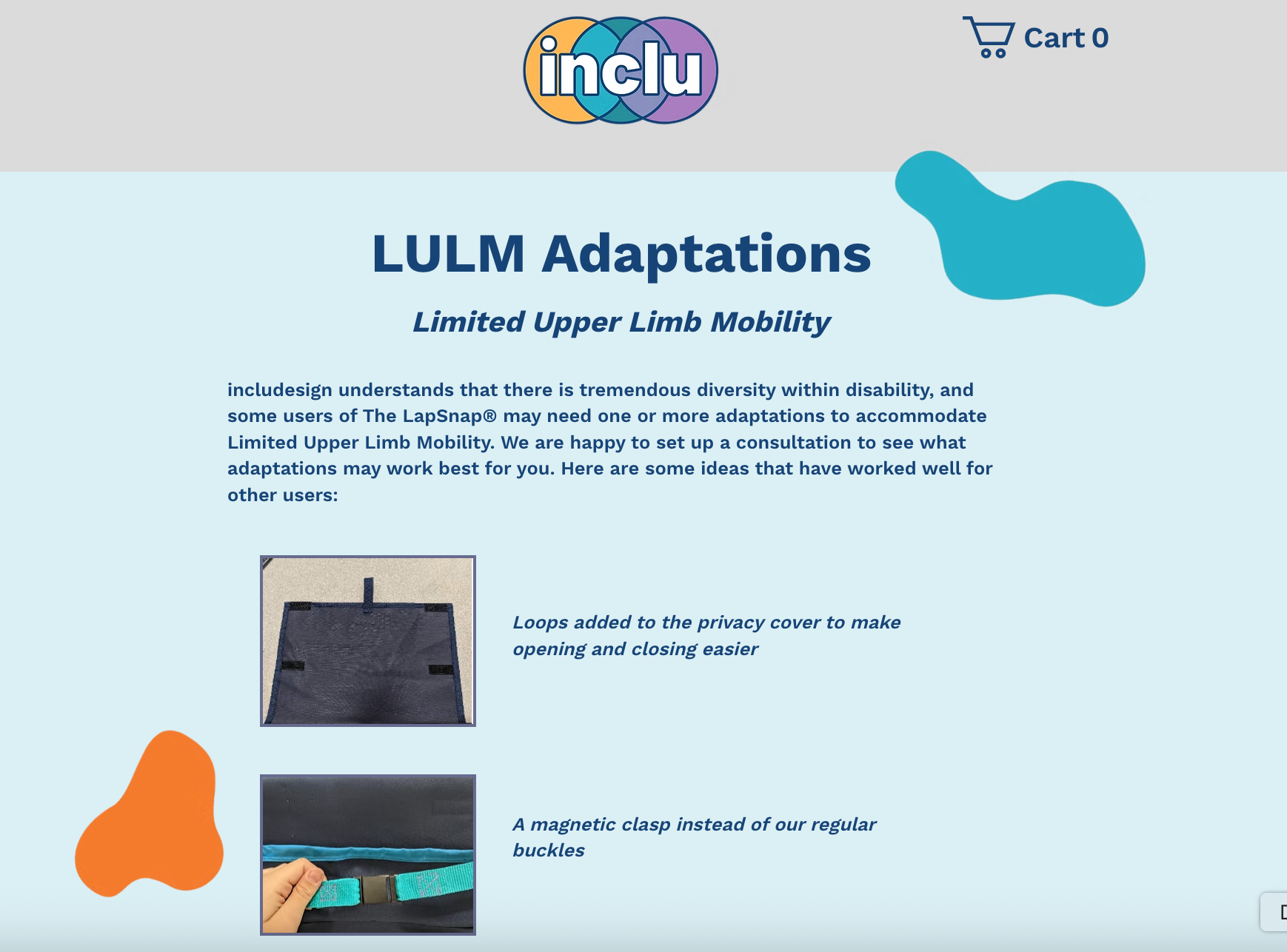 Screenshot of includesign webpage titled "LUML Adaptations." The webpage has photos of features that can be customized on the lapsnap for individuals with limited upper limb mobility.